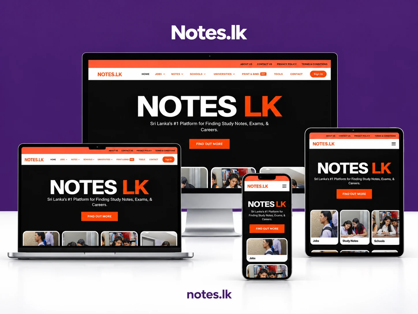 Notes.lk responsive website presented on desktop, laptop, tablet and phone