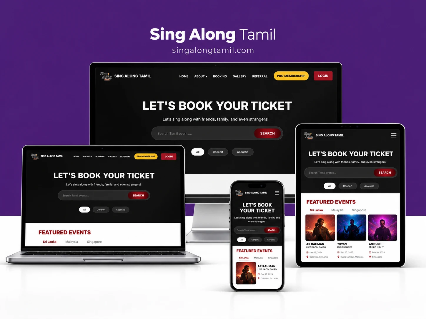 Sing Along Tamil responsive website presented on desktop, laptop, tablet and phone